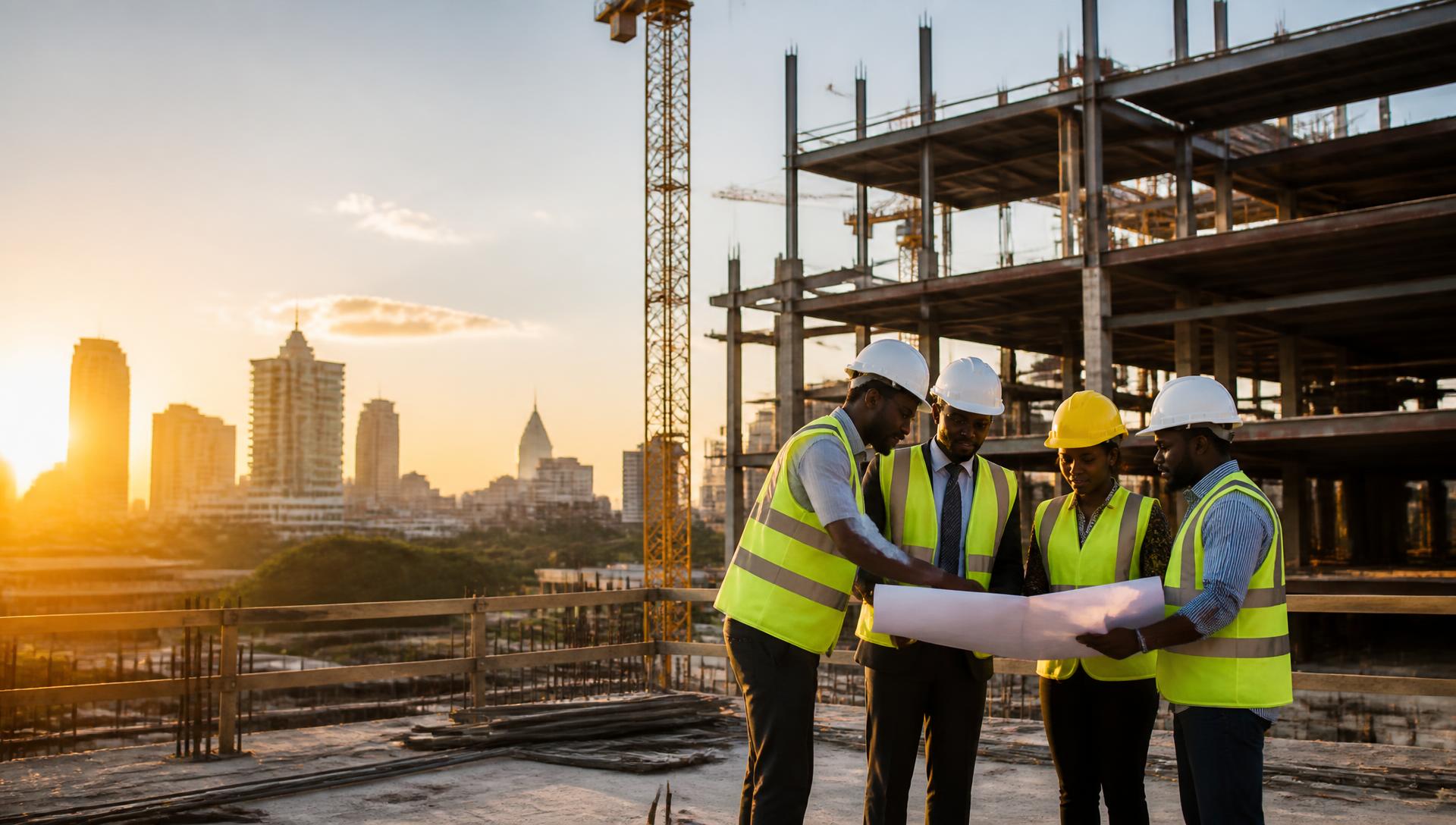 Construction professionals reviewing plans on a Lusaka building site